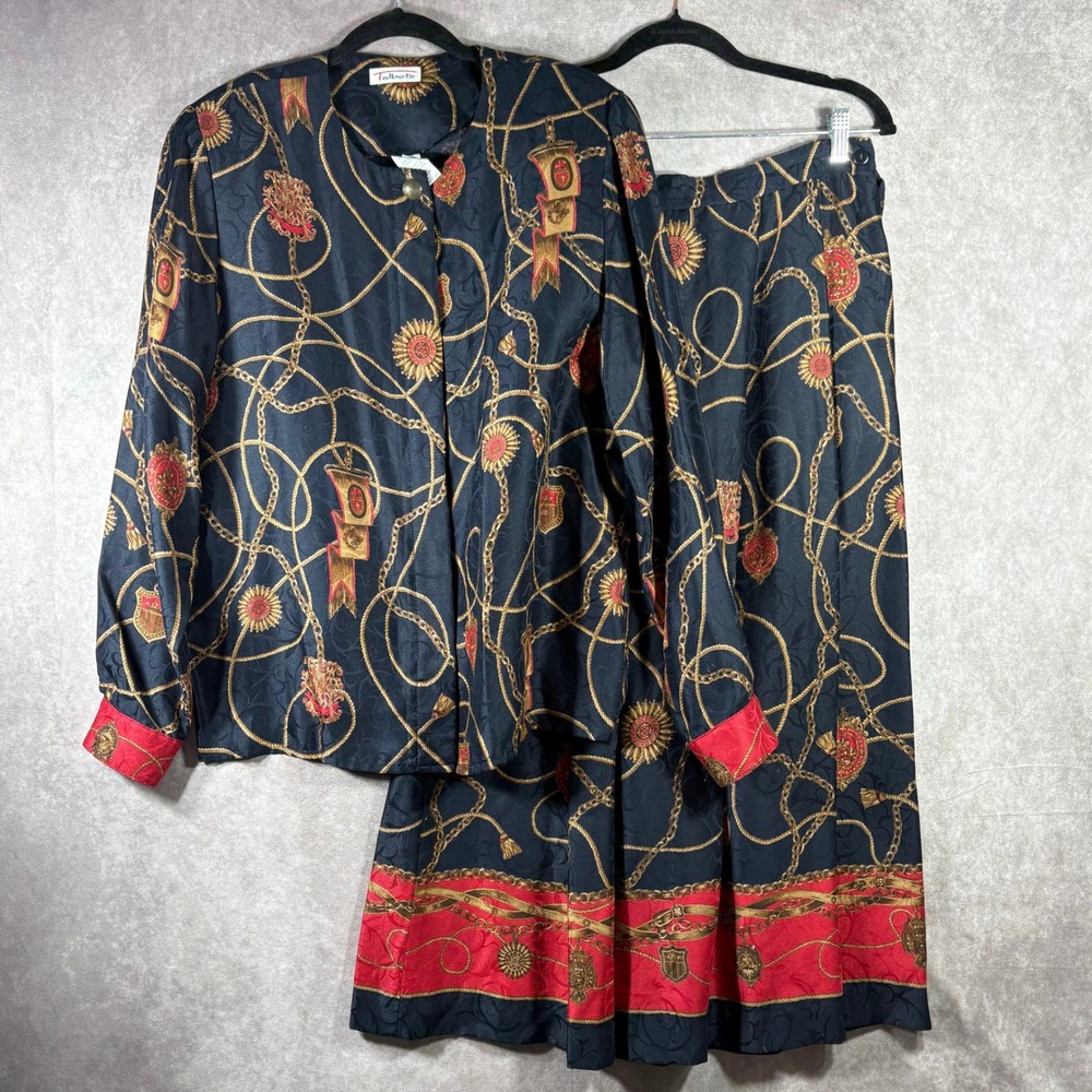 Vintage Talbots Skirt Suit Womens 14/8 Black Red Silk Chain Print 2 Piece Set